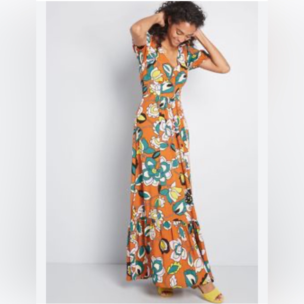 Modcloth Orange Floral Maxi Dress With Teal And White Accents